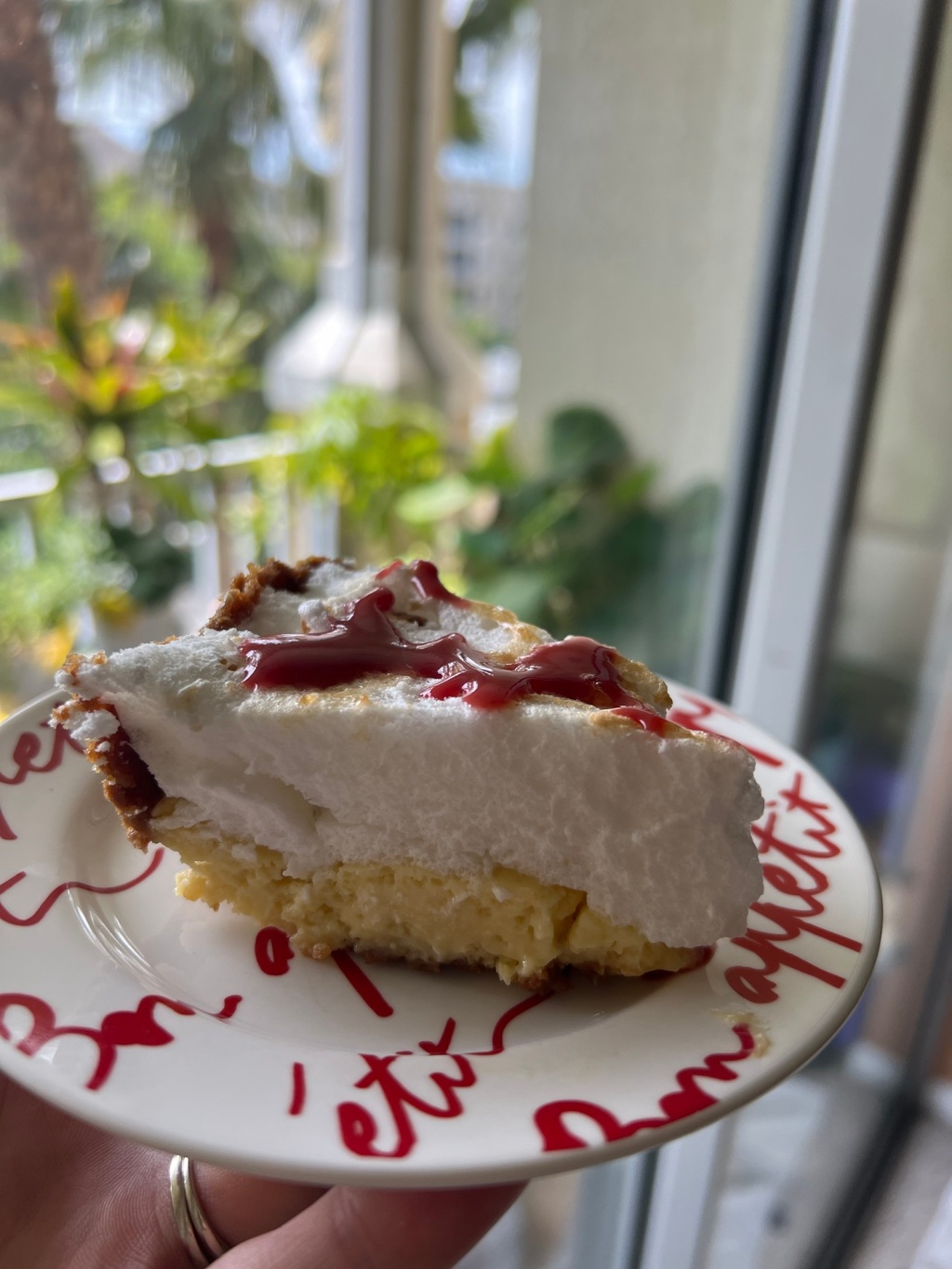 Key Lime Meringue Pie with Strawberry Port Coulis